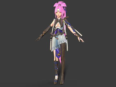 3D Fantasy Character Design With Pink Hair Blue White Outfit And Creature Inspired Elements 3d model