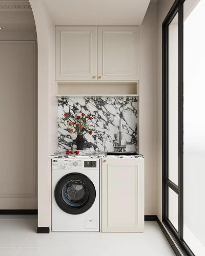 Modern Kitchen Space With Washing Machine Marble Backsplash And Flower Vase 3d model