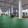 Industrial Warehouse Interior With Forklift Green Floor White Pillars And Storage Racks