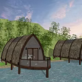Tranquil Waterfront Bungalows With Thatched Roofs Green Hills And Sunset Sky