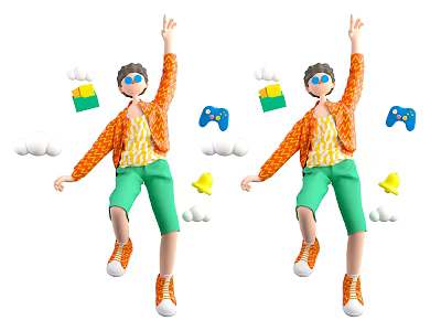 Jumping Boy Wearing Orange Jacket Green Pants Sunglasses With Game Controllers Stars And Clouds 3d model