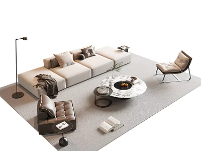 Modern Sofa and Coffee Table Set with Pillows Blanket Floor Lamp Accent Chair and Rug 3d model