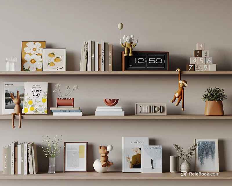 Elegant Decorative Ornament Set with Books Photo Frames Clock and Plants on Shelves 3d model 