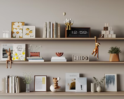 Elegant Decorative Ornament Set with Books Photo Frames Clock and Plants on Shelves 3d model