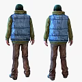 Hooded Man In Blue Vest Green Long Sleeve Shirt And Brown Pants With Multiple Pockets