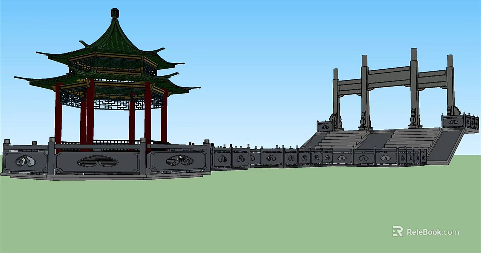Traditional Chinese Pavilion with Green Roof Red Pillars Stone Railings and Memorial Archway 3d model 