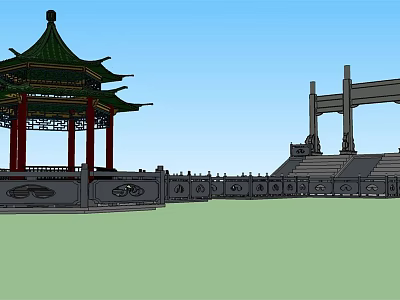 Traditional Chinese Pavilion with Green Roof Red Pillars Stone Railings and Memorial Archway 3d model