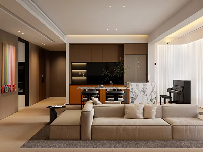 Modern Living and Dining Room Open Layout Design With Sofa Piano Marble Counter And Cabinets 3d model