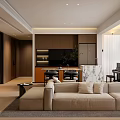Modern Living and Dining Room Open Layout Design With Sofa Piano Marble Counter And Cabinets