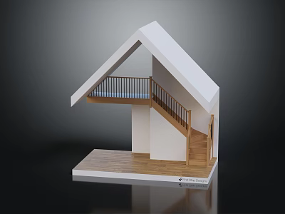 Wooden Staircase With Railing In White House Model Connecting Platform Levels 3d model