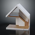 Wooden Staircase With Railing In White House Model Connecting Platform Levels 3d model