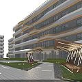 Modern School Building Exterior With Glass Facade Arched Entrance And Green Lawn Pathway