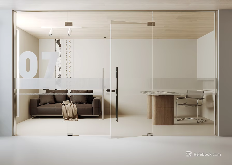 Modern Interior Featuring Glass Double Doors Sofa Wooden Table And Chairs 3d model 