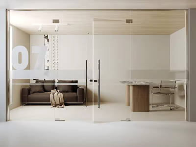 Modern Interior Featuring Glass Double Doors Sofa Wooden Table And Chairs 3d model