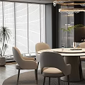 Modern Restaurant Interior With Round Dining Table Chairs Chandelier Grey Cabinets And Natural Light