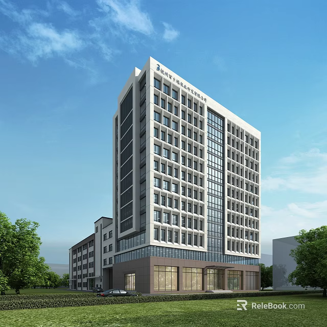 Modern High Rise Office Building With Glass Curtain Wall And Green Trees Under Blue Sky 3d model 