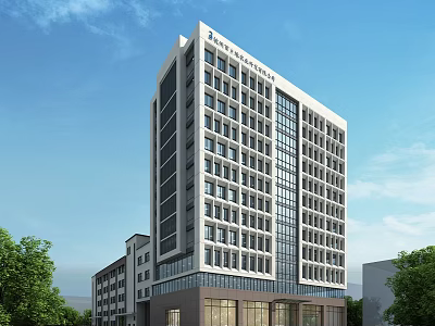 Modern High Rise Office Building With Glass Curtain Wall And Green Trees Under Blue Sky 3d model