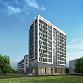 Modern High Rise Office Building With Glass Curtain Wall And Green Trees Under Blue Sky