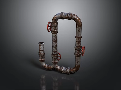 Rusty Industrial Pipes With Red Valve Handles And Curved Metal Structure 3d model