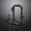Rusty Industrial Pipes With Red Valve Handles And Curved Metal Structure