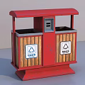 Red Public Classified Trash Bin With Canopy Wooden Panels And Recycling Symbols