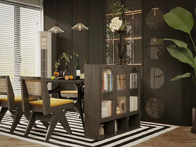 Elegant Restaurant Interior Featuring Dining Table Chairs Yellow Cushions Bookshelf Green Plants And Hanging Lamps 3d model