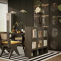 Elegant Restaurant Interior Featuring Dining Table Chairs Yellow Cushions Bookshelf Green Plants And Hanging Lamps