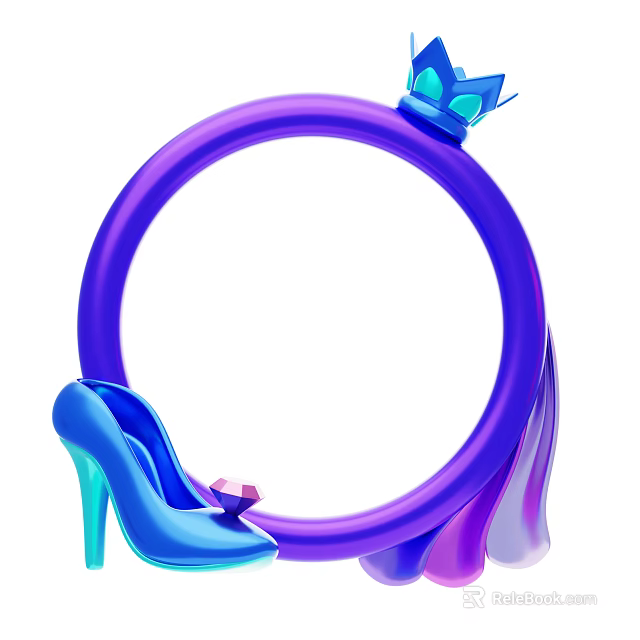 Elegant Decorative Ornament Set With Purple Circular Ring Blue High Heeled Shoe And Blue Gemstone 3d model 