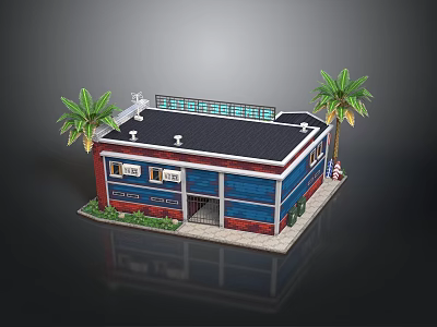Small Building Featuring Blue Red Walls Black Roof Transparent Section Palm Trees and Green Plants 3d model
