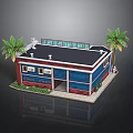 Small Building Featuring Blue Red Walls Black Roof Transparent Section Palm Trees and Green Plants