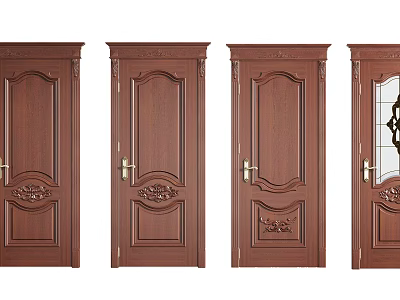 Brown Wooden Swing Doors With Intricate Carved Designs And Glass Panel 3d model
