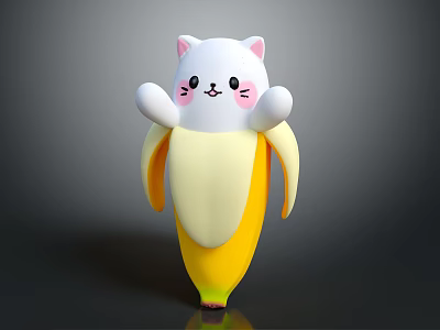 Adorable White Cat Stuffed Character Inside Yellow Banana Peel Design 3d model