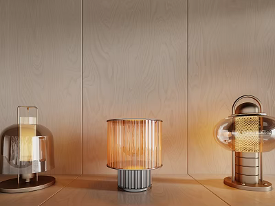 Modern Table Lamps With Ribbed Glass Shades And Metal Bases On Wooden Background 3d model