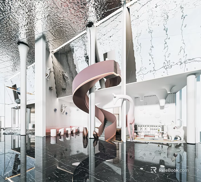 Modern Front Desk Reception Area With Pink Spiral Staircase And Sleek Interior Decor 3d model 
