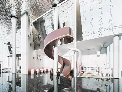 Modern Front Desk Reception Area With Pink Spiral Staircase And Sleek Interior Decor 3d model