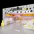 Cheese Themed Store Interior With Colorful Dots Wall Decor Display Shelves And Tables