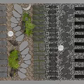 Creative Ground Paving Design With Stone Slabs Pebbles Brick Strips And Green Plants