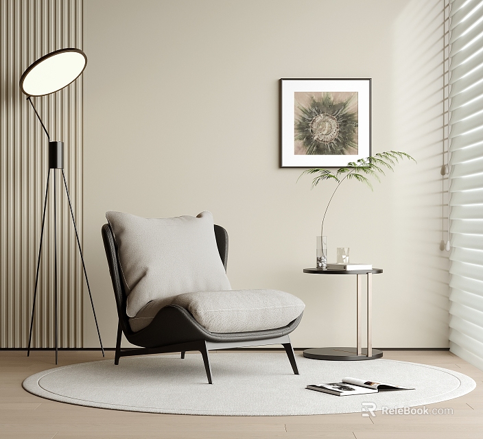 Modern Accent Chair With Gray Cushion Black Frame On Round Rug And Floor Lamp 3d model 