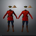 Red Uniforms with Blue Pants Yellow Stripes Brown Belt Boots and Black Brown Hats