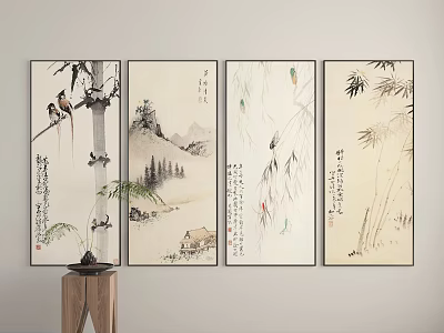Traditional Chinese Paintings with Birds Trees Landscape Bamboo and Calligraphy for Wall Decor 3d model