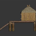 Traditional Thatched House with Bamboo Structure on Wooden Platform and Wooden Ladder with Supportive Pillars