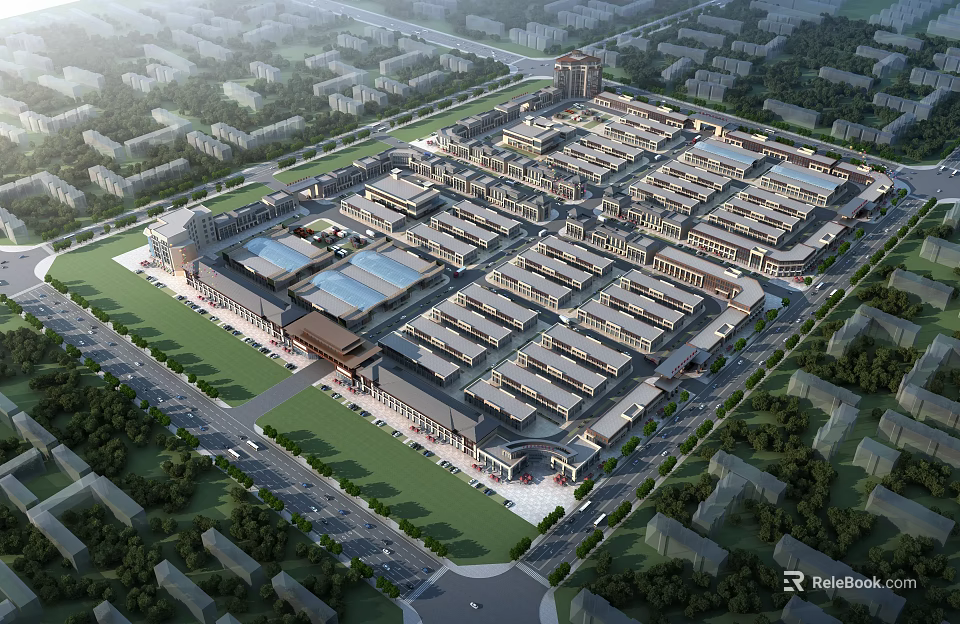 Aerial Planning Of Large Commercial Complex With Neatly Arranged Buildings And Central Green Space 3d model 