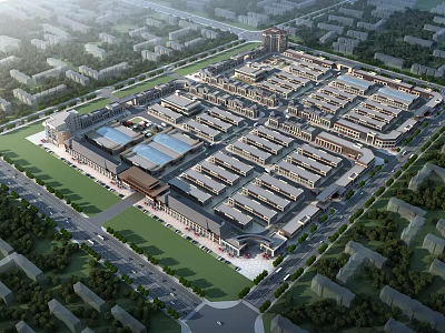 Aerial Planning Of Large Commercial Complex With Neatly Arranged Buildings And Central Green Space 3d model