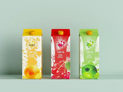 Three Different Flavors 100% Natural Fruit Juice Cartons With Orange Lemon Cherry And Apple 3d model