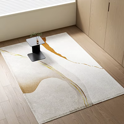 Square Rug Beige Gold Abstract Pattern On Wooden Floor With Black Side Table And Plant 3d model