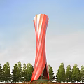 Red Twisted Tall Tower Design Surrounded by Trees Under Blue Sky