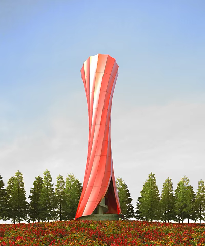 Red Twisted Tall Tower Design Surrounded by Trees Under Blue Sky 3d model