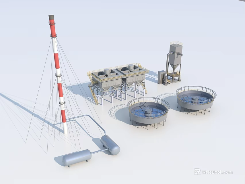 Heavy Duty Industrial Equipment Featuring Red White Tower Metal Structures Circular Storage Tanks And Pipes 3d model 