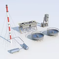 Heavy Duty Industrial Equipment Featuring Red White Tower Metal Structures Circular Storage Tanks And Pipes