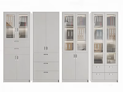 Modern Light Gray Bookcase Collection With Glass Doors And Storage Drawers 3d model